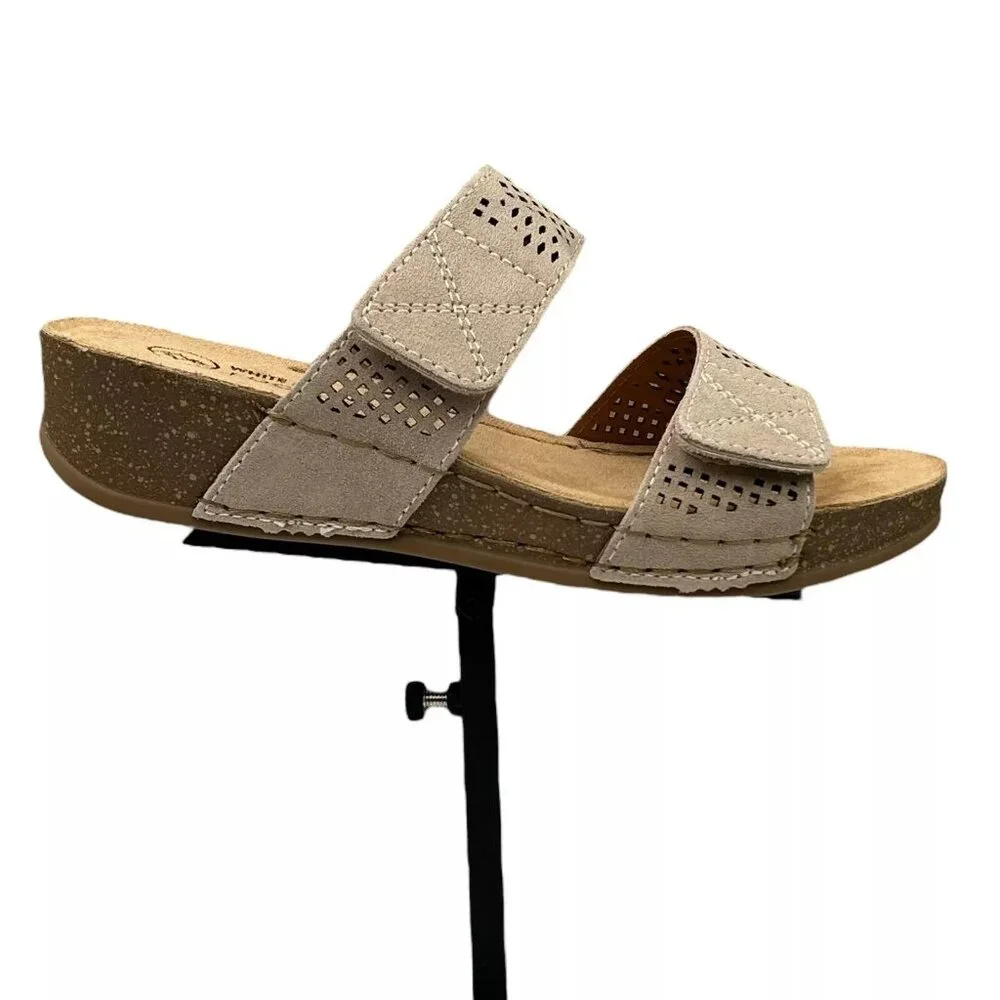 White Mountain Women's Wedge Leather Sandals Size 8 Taupe Adjustable Straps